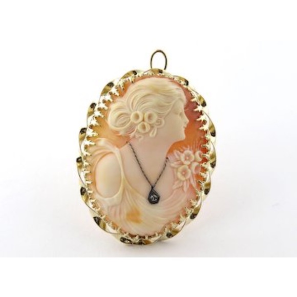 Vintage Gibson Girl Cameo with Diamond Necklace 14K Yellow Gold Pin Pendant #396 - Picture 3 of 8
